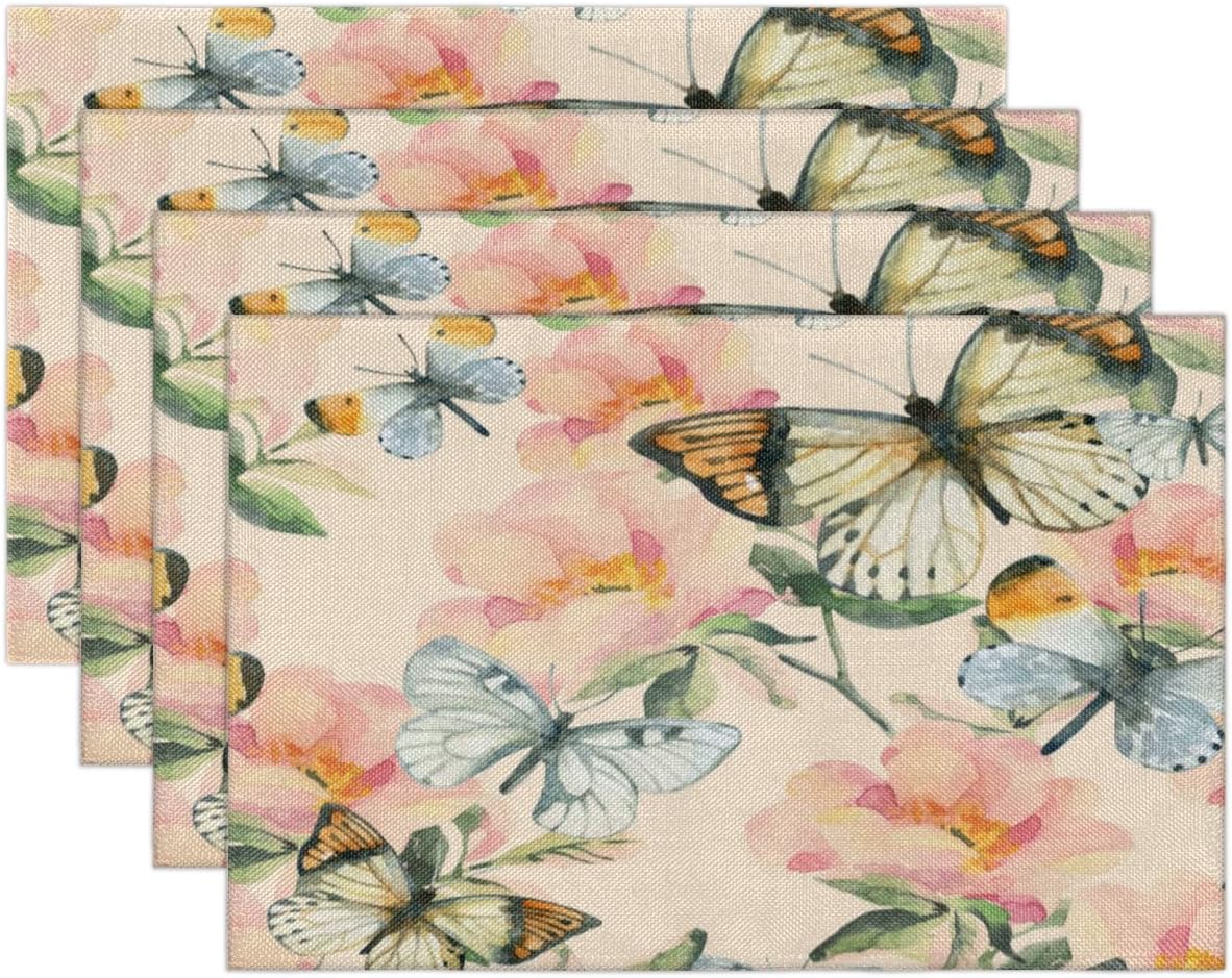 Butterfly Floral Painting Placemats Set of 6 18x12 Inch - Protect Your Table in Style with These Heat-Resistant & Easy-to-Clean Mats