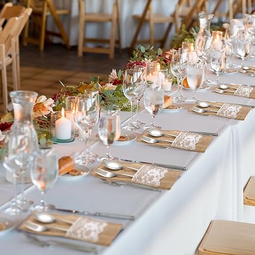 Miniatura 5 de Windyun 100 piezas de 4.1 x 8.9 pulgadas de arpillera natural de encaje para utensilios de boda, bolsa de arpillera para cubiertos, bolsa de soporte