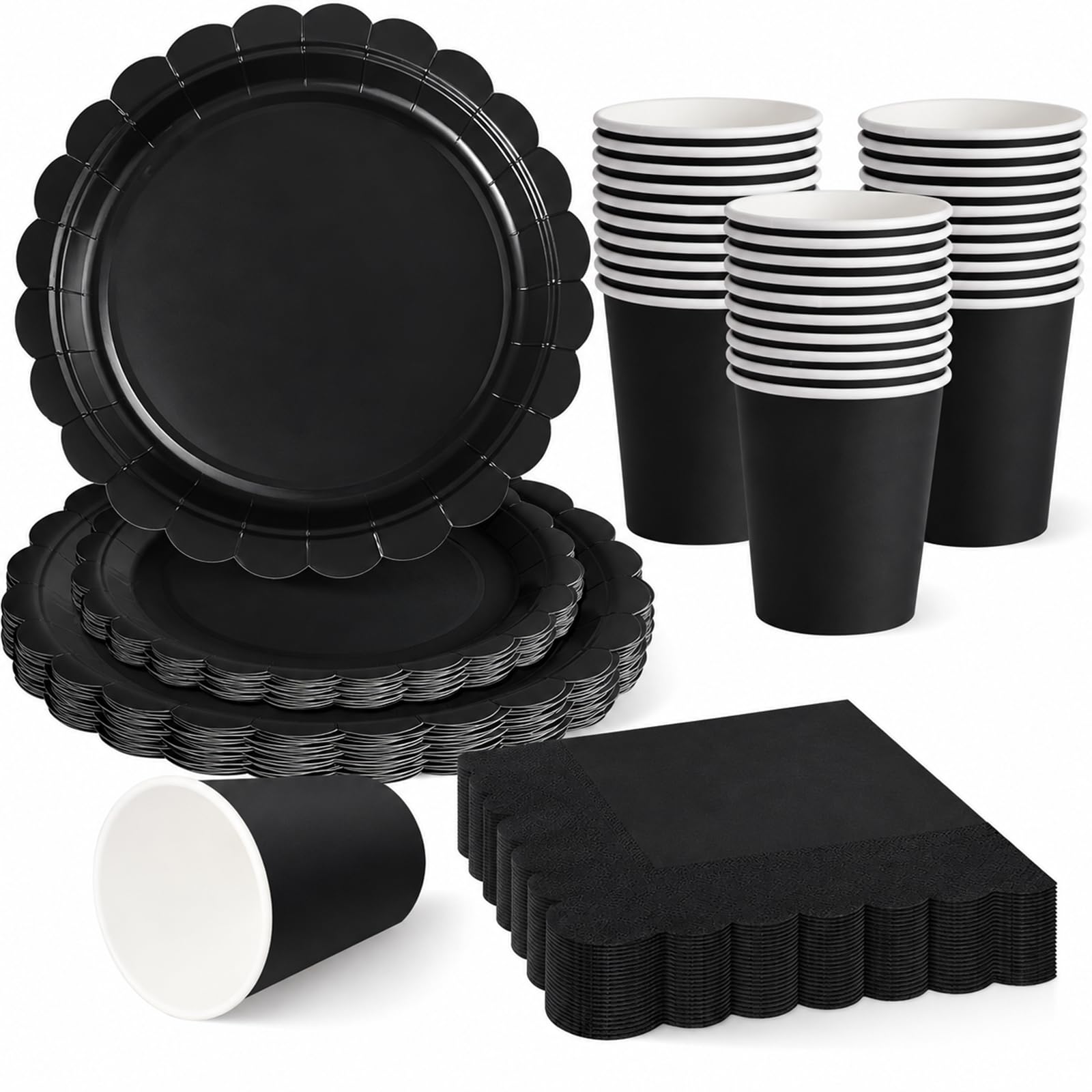 ZblPyro Black Party Tableware Set for 30 Guests | A Set of 120 Pieces Includes 9 & 7-inch Scalloped Paper Plates, Cups & Napkins | Men's Birthday,Night Event & Grill Party