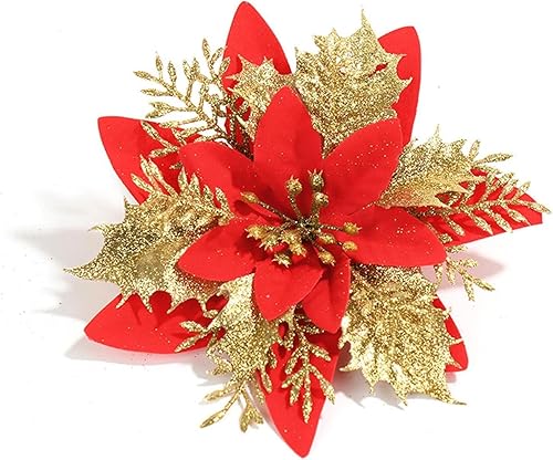 Miniatura 2 de 12 piezas de flores artificiales de Navidad con purpurina floral, adorno falso, decoración de fiesta de boda para Navidad, decoración de guirnaldas