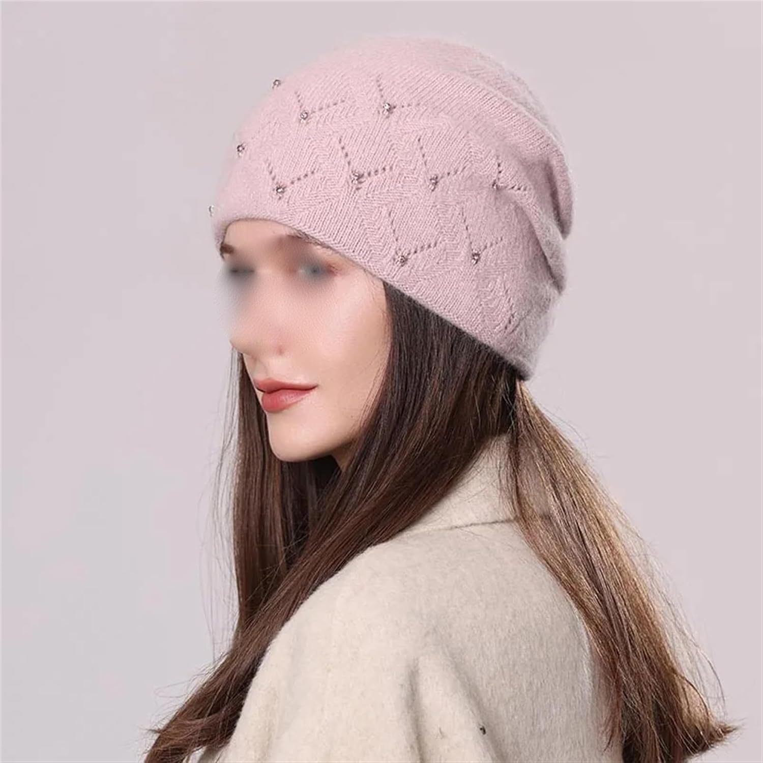 Women's Winter Thicken Warm Rhinestones Knit Beanie Girl's Solid Color Double Layer Cold Weather Hat Outdoor Snow Ski Caps