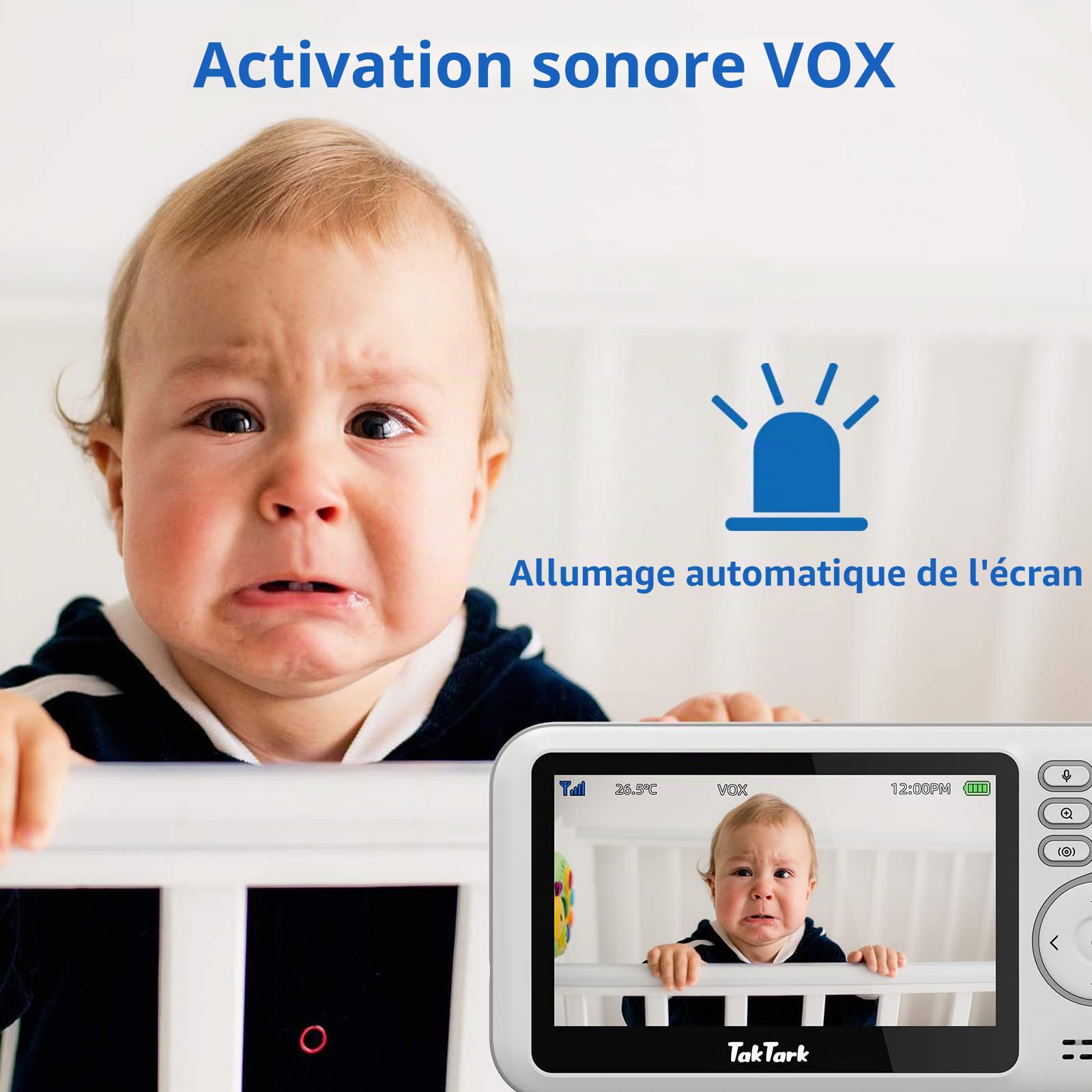 TakTark Babyphone Camera, 4.3'' Video Babyphones Caméra avec 300° Pan-Tilt-Zoom à Distance, Camera Bebe Surveillance de la Température, VOX, Vision Nocturne, Communication Bidirectionnelle