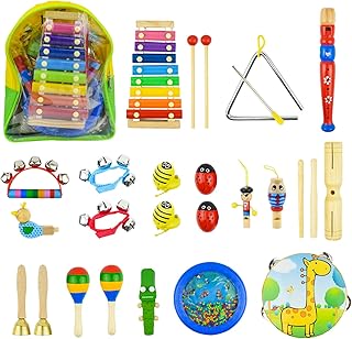 27-Piece Children's Musical Instruments Set, Kikuo Wooden Instruments for Children, Wooden Percussion Set, Drums, Rhythm Toys, Promotes Early Development, Includes Backpack