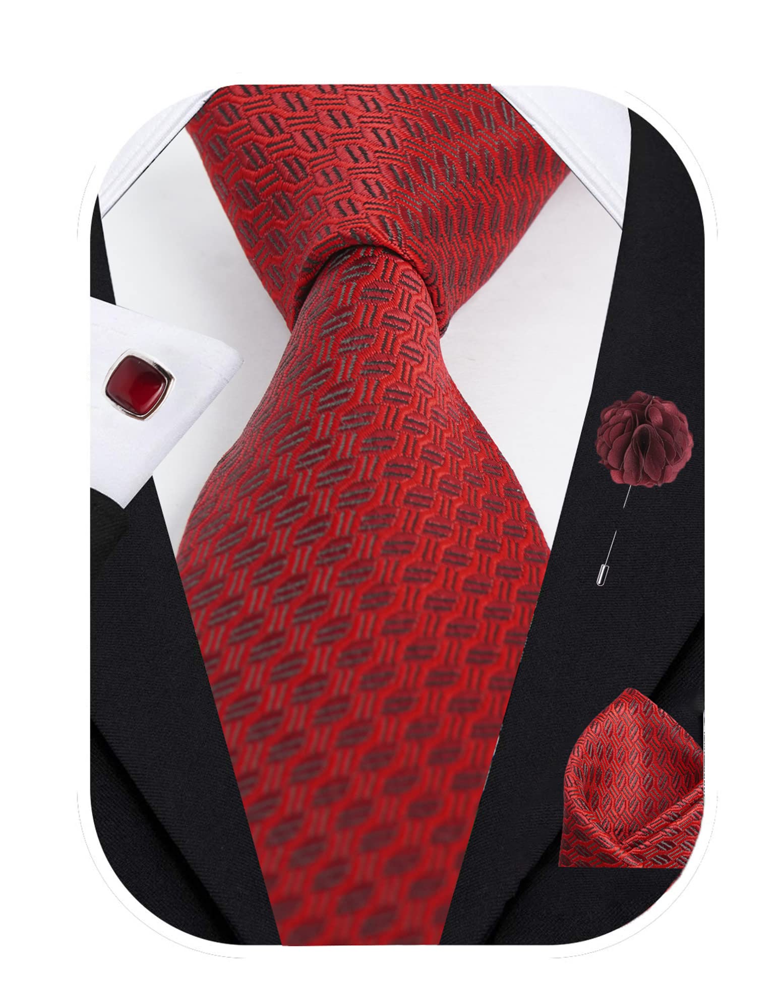 RIZORO Tie for Men – Dotted Silk Neck Ties Set with Cufflinks Flower Pin, Pocket Square & Black Gift Box, Combo Necktie Sets for Office Wear, Formal Suits & Weddings (Maroon, A12MRRX) 1