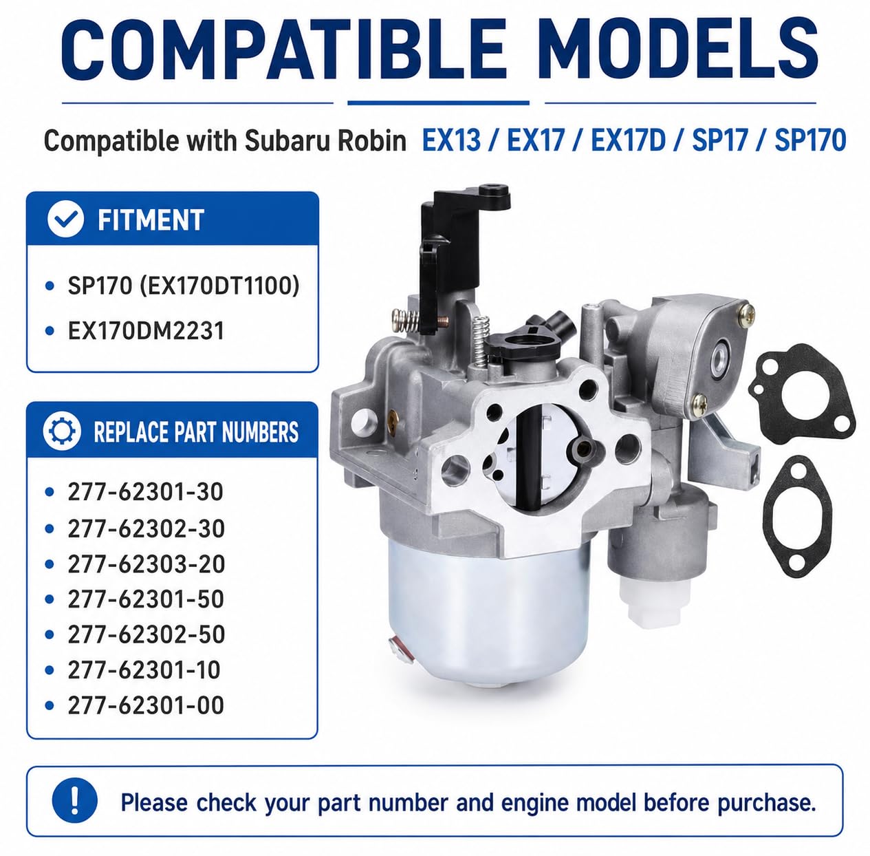 QKPARTS NUOVO Robin Subaru EX21 Overhead Cam Carburatore Motore Carb Con 3xguarnizione 278-62301-50 278-62301-60