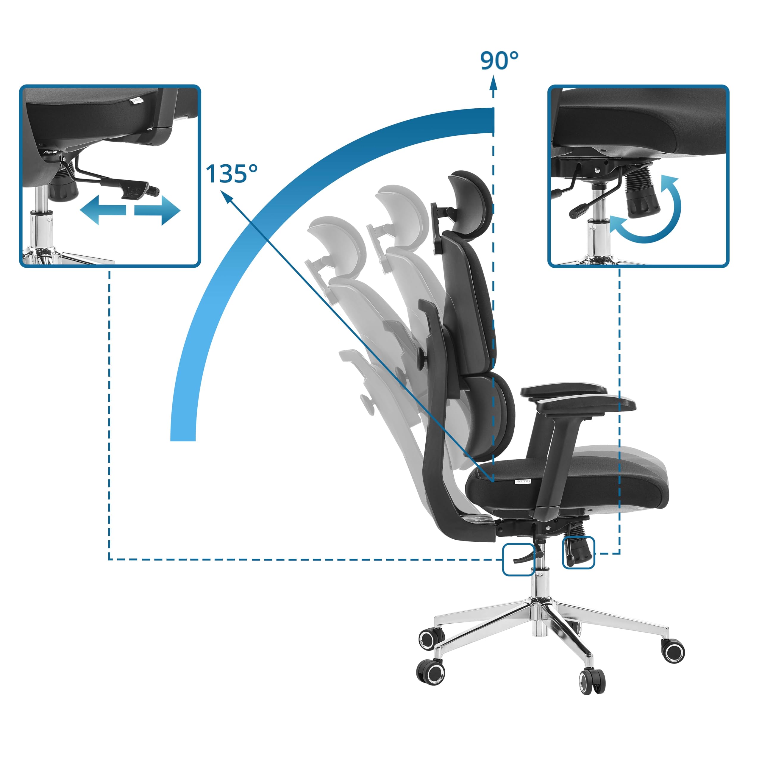 hjh OFFICE Profesjonalne krzesło robocze Ergomy F 2 | mechanizm synchroniczny – zagłówek z regulacją wysokości i podłokietniki 3D, kolor czarny