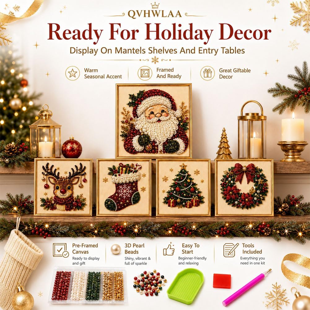 5PCS Christmas Pearl Diamond Painting Art Kit, DIY Beads Craft for Adults