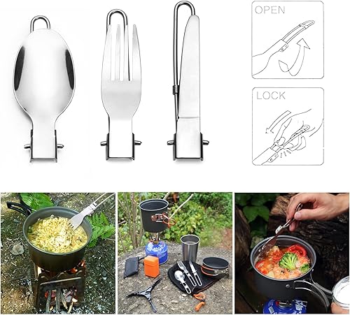 Miniatura 5 de Odoland Utensilios de cocina para camping con estufa, mosquetón, soporte para cartucho trípode y taza de acero inoxidable, soporte para tanque, kit