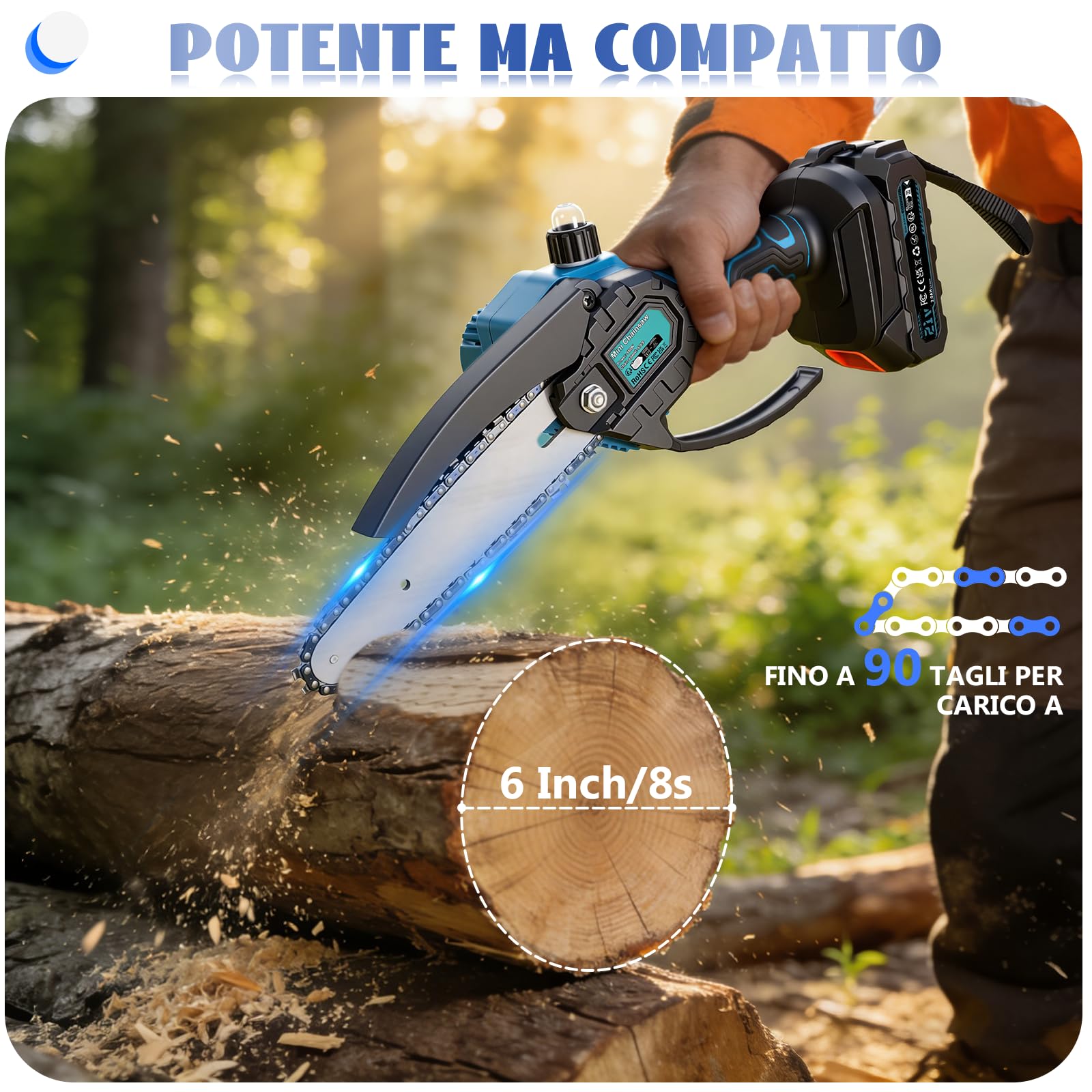 Mini motosega con batteria da 4000 mAh, 6 pollici, mini motosega elettrica con olio automatico e batteria da 2 × 2000 mAh, batteria per cesoie da giardino, potatura potatura (blu)