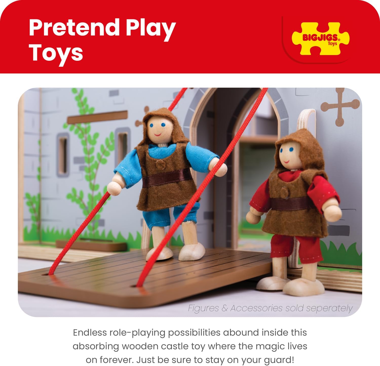 Bigjigs Toys King George's Castle Wooden Toy for Kids Age 3+ | Working Slot-Together Fort with Drawbridge, Balconies & Doors | Medieval Wood Toys for Fantasy Role Play | Educational Gift for Children