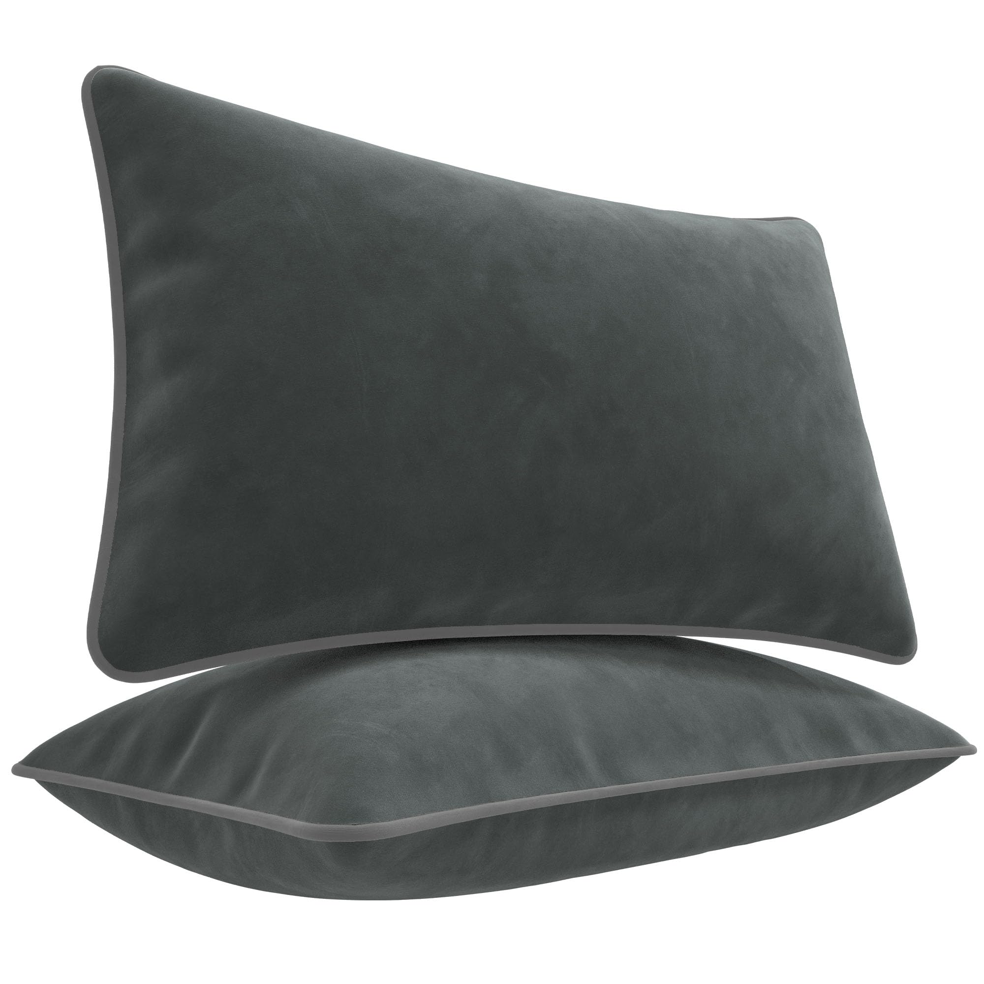 Blau Marité Set of 2 Velvet Throw Pillow Covers with Contrast Piping, Soft Decorative Cushion Covers, Deep Grey, 12"x20" (30x50 cm)