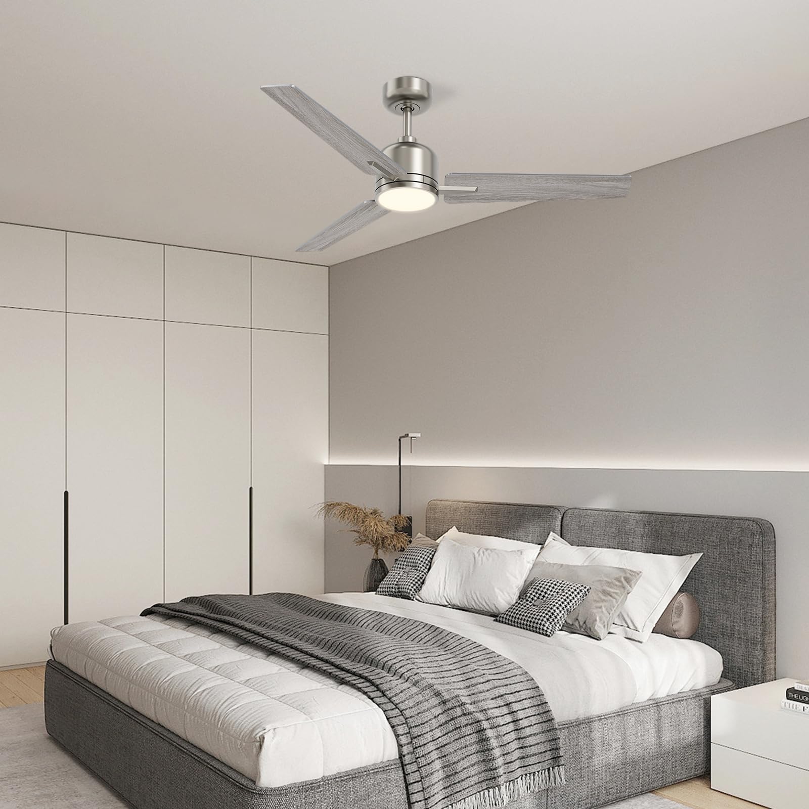Newday 107cm Ventilatore da Soffitto Argento e Legno, Ventilatore da Soffitto con Luce e Telecomando Réversible, Pala Soffitto con Luce Dimmerabile per Soggiorno Camera da Letto Cucina Terrazza