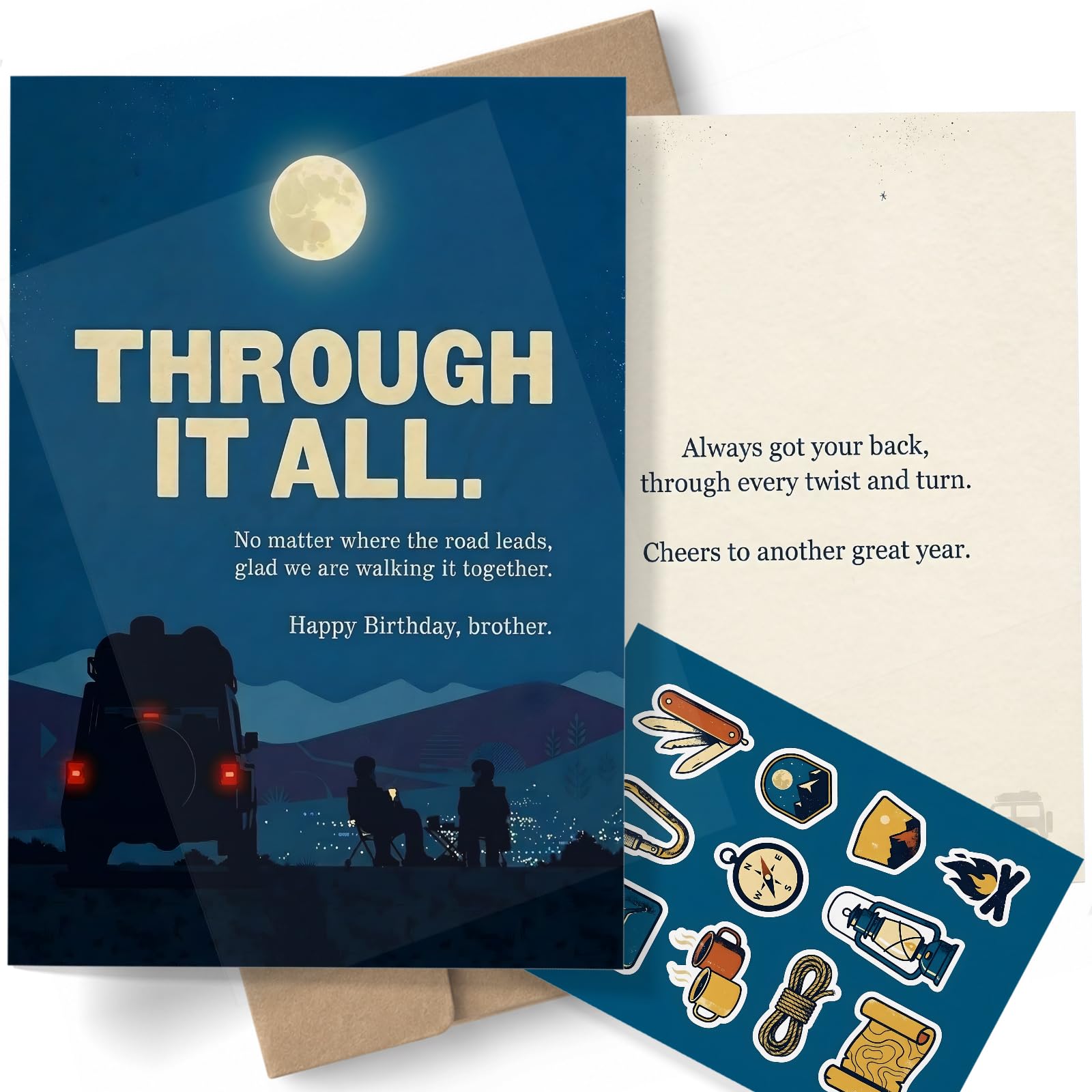 AIROW Birthday Card for Brother, Scenic Moonlit Road Trip Design, Standard A5 Size, Double-Sided Print, Original Artwork, Includes Premium Kraft Envelope and Matching Sticker Sheet