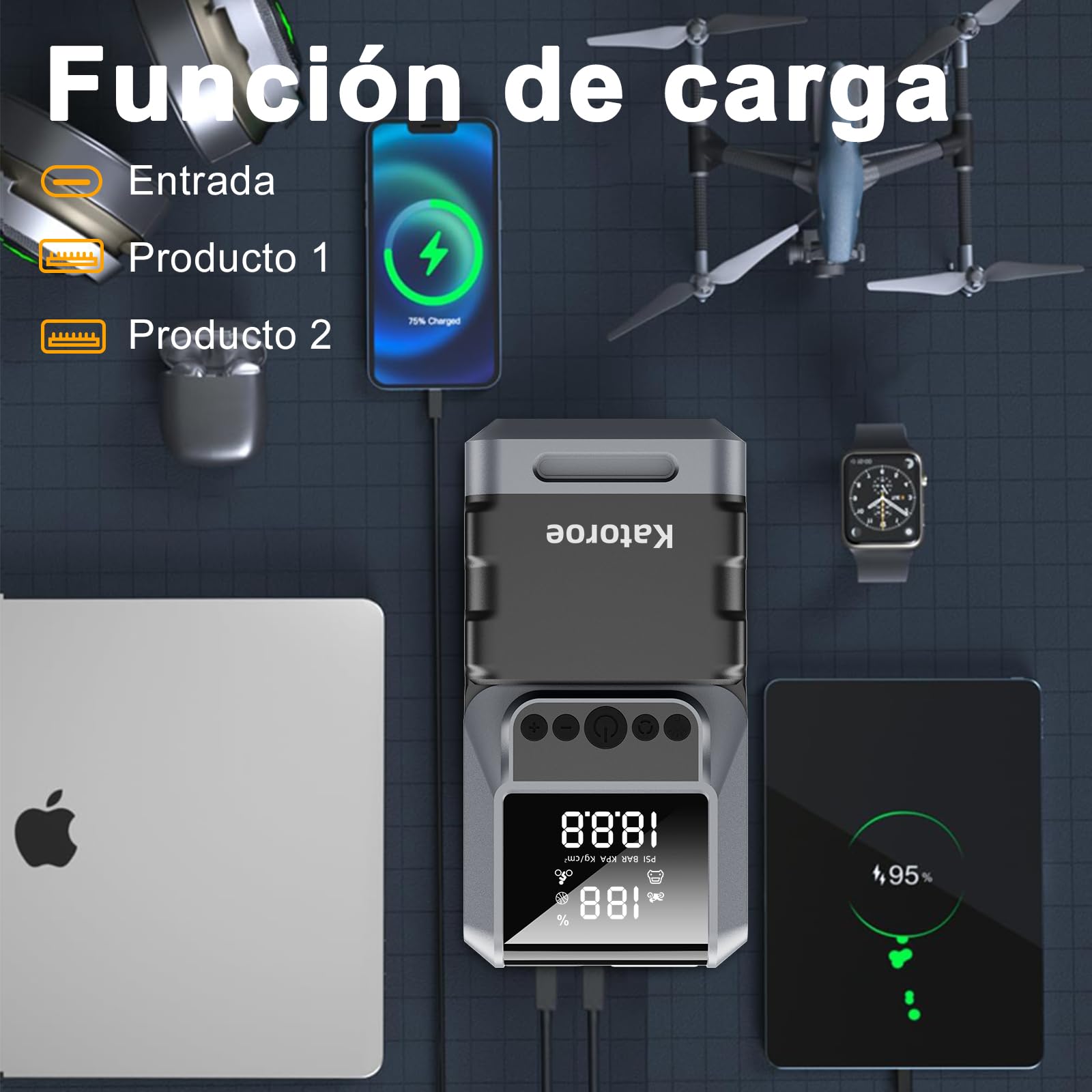 Arrancador de Coches 6000A con Compresor, 150PSI Inflador de Neumáticos, Arrancador de Baterias de Coche(10L Gasolina o 8L Diésel), 12V Jump Starter con Pantalla LED, Luz de Emergencia