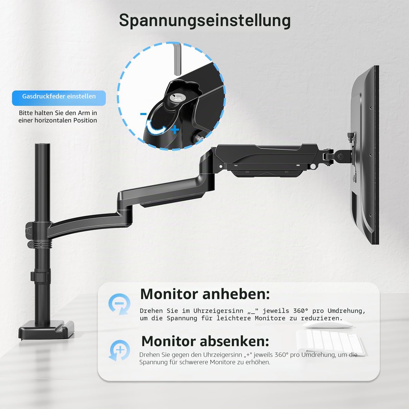 MOUNTUP 705mm Langarm Monitor Halterung für 13–32 Zoll Monitore bis zu 9 kg | Höhenverstellbare Einzelner Bildschirme Ständer mit Neigen, Schwenken, Drehen, platzsparend für Büro, Homeoffice & Gaming