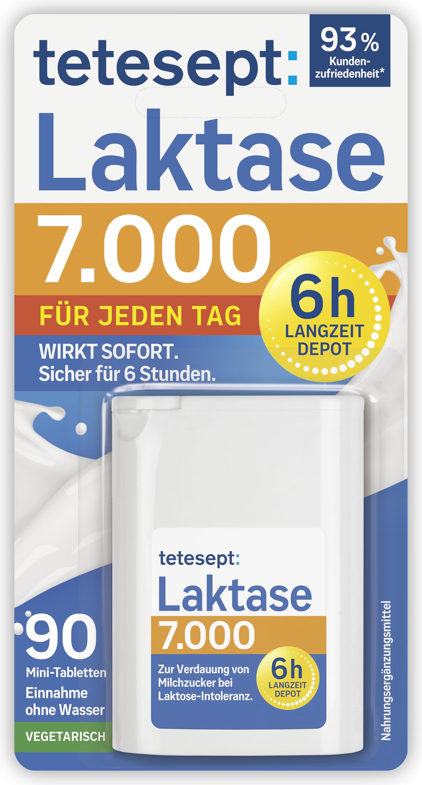 tetesept Laktase 7.000 – Laktasetabletten bei Laktoseunverträglichkeit – Nahrungsergänzungsmittel mit Sofortwirkung & 5h Langzeit-Depot – 1 Dose à 90 Stück