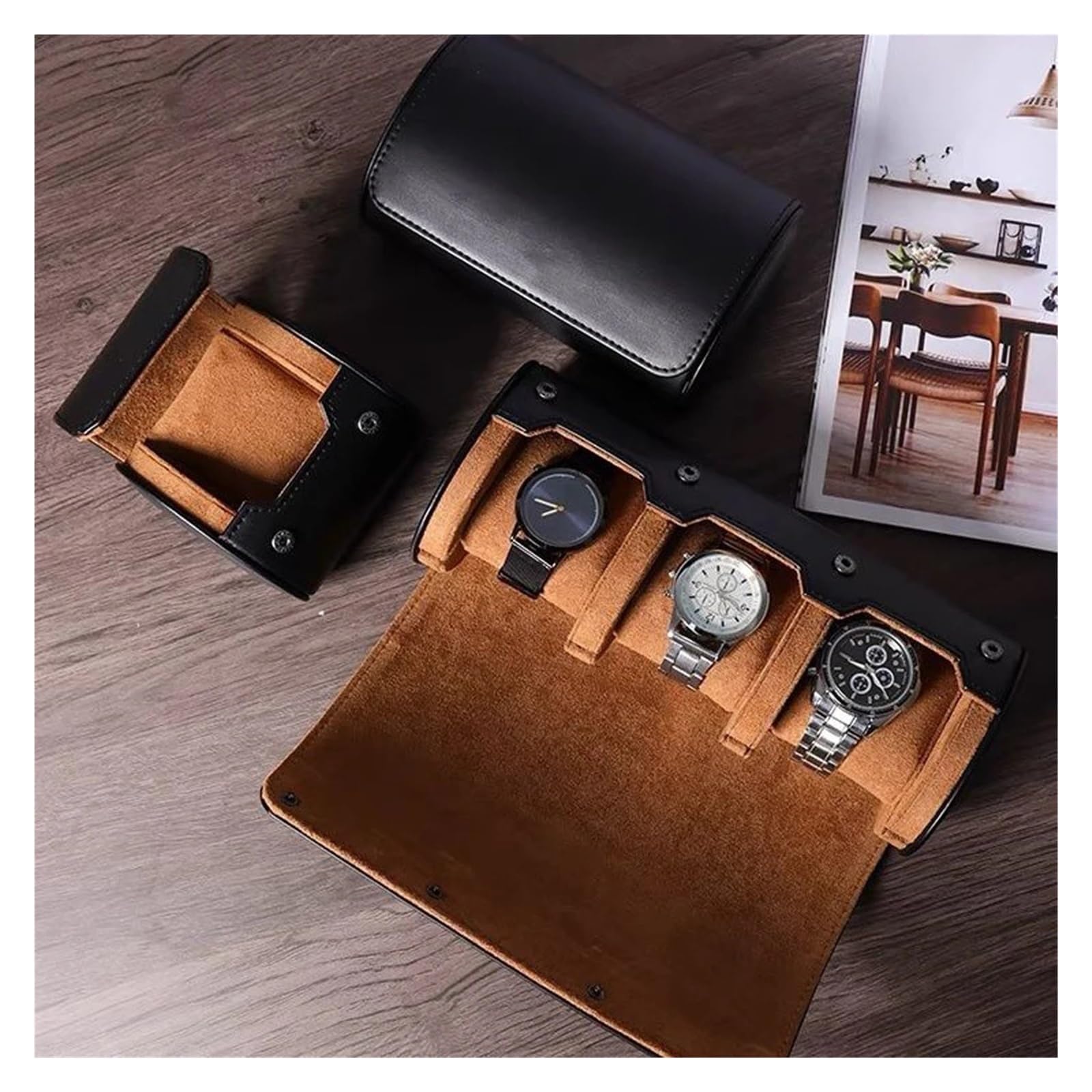 Rotolo di orologio in pelle PU da 1 pz 1/2/3 slot for uomo | Custodia singola in pelle PU nera elegante, con cuscino protettivo.(2 Slot Brown)