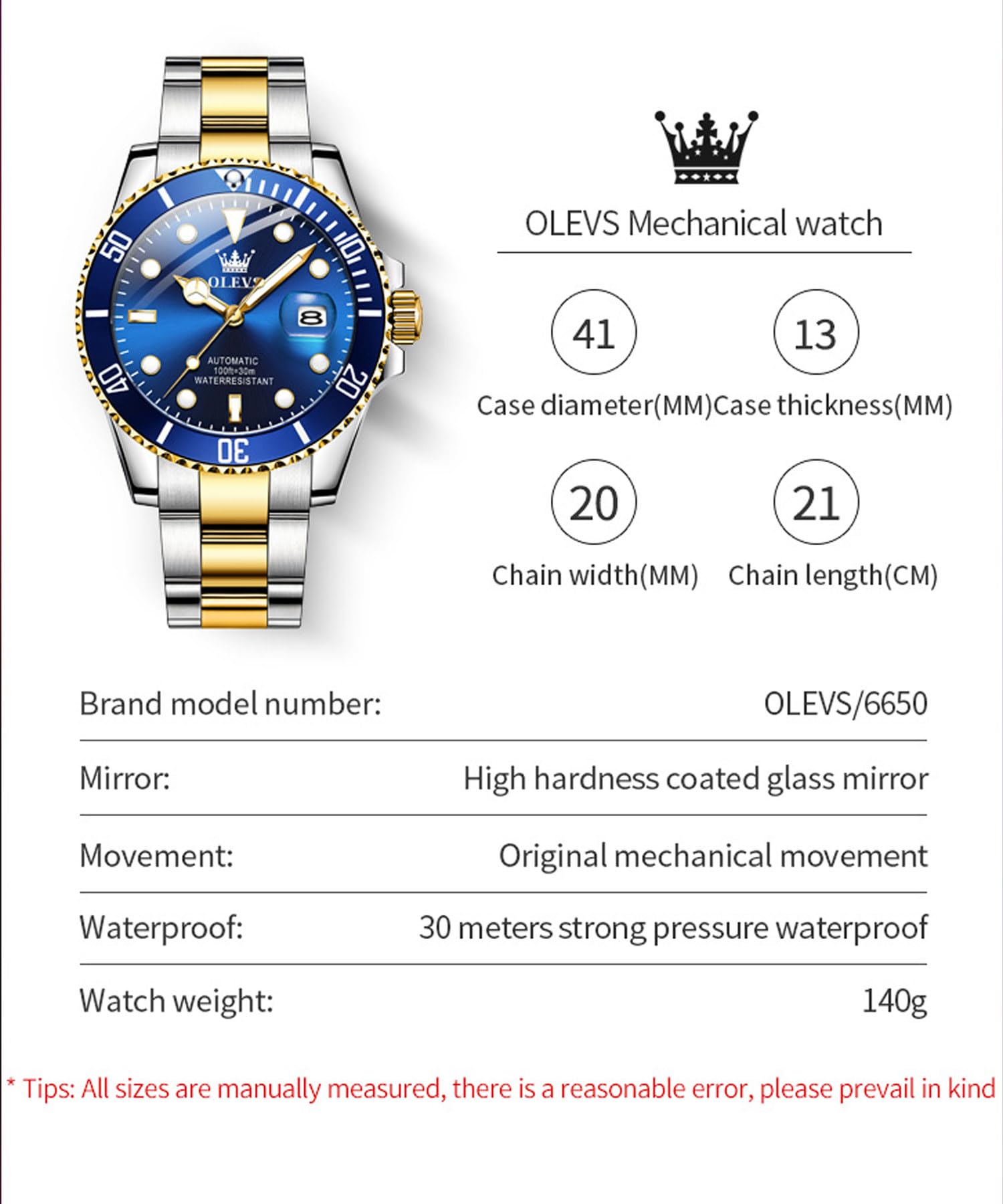 OLEVS Reloj mecánico para Hombre, Esfera Grande, Fecha, Impermeable, de Acero Inoxidable, con Brillo Nocturno, de Lujo, Totalmente automático
