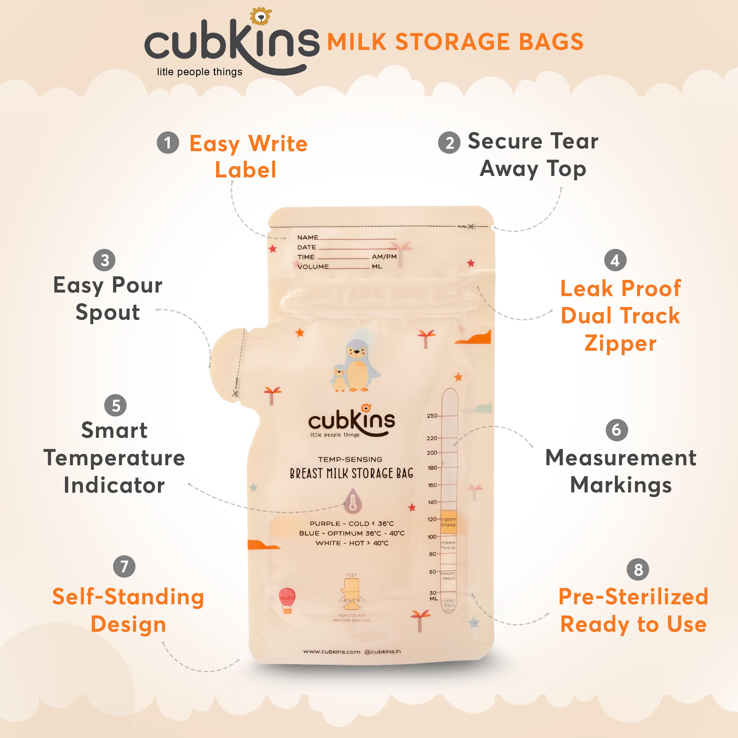 CUBKINS Breast Milk Storage Bags (Pack of 25), Pre-Sterilized, Smart Temp Sensor, BPA Free, Single Use, Leak Proof Double Zip, Separate Fill & Pour Spouts, 250 ml Capacity, Marker Included,Beige - Image 6 thumbnail