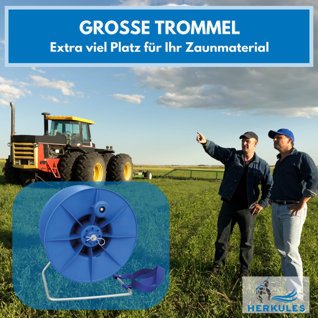 Herkules Power Haspel aus Kunststoff – Weidezaun Haspel für 2000m Litze oder 750m Band - Ergonomischer Weidezaun Aufroller - Premium Drahthaspel für Litzen, Zaunbänder und Seile