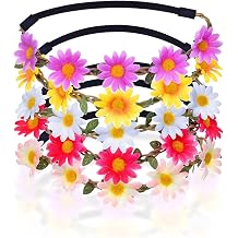 TSHAOUN Daisy Flower Hair Band, Girls Flowers Artificial Headband, Festival Hair Accessories, Floral Hair Hoops Wreath, Ladies Floral Festival Flower with Adjustable Elastic Ribbon 5 pieces