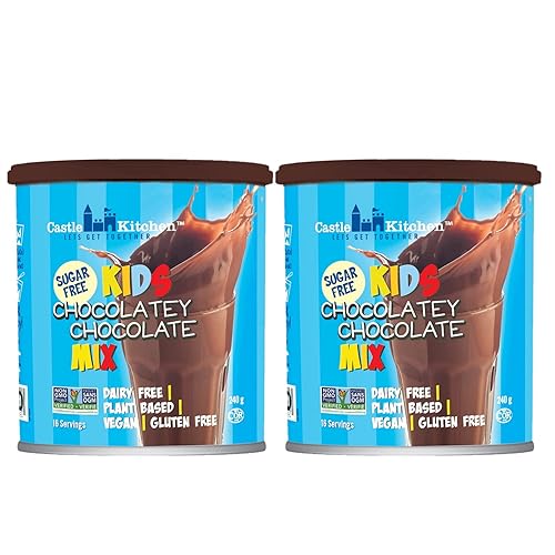 Castle Kitchen Sugar Free Kids - Mezcla de leche de chocolate oscuro para niños, paquete de 2 (16 onzas, 32 porciones), sin lácteos, vegana, a base