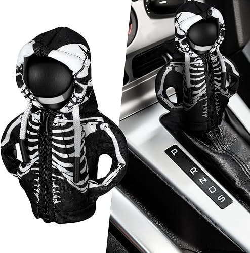 Wonderjune Halloween Skeleton Car Gear Shift Hoodie Decoration Funny Skull Gear Shift Cover Mini Zip up Universal Shift Knob Hoodie Cover for Automotive Car Interior Accessories Gadgets Gift