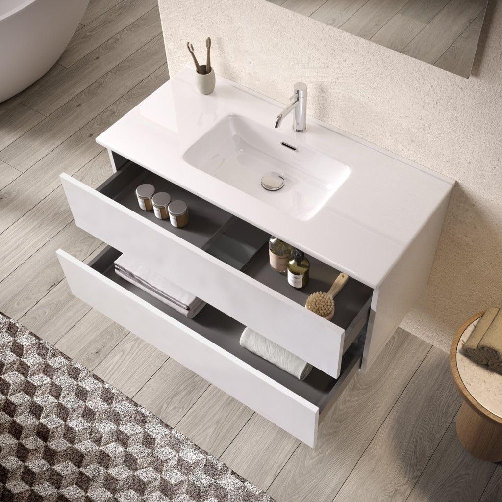 AQA DESIGN accessori casa composizione bagno, nr2 cassetti con scorrimento e chiusura soft close, maniglia a gola in melaminico, nr1 specchio - Bianco - 121x46,5x190 cm