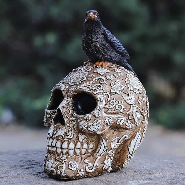 Arola Skull Head Sculpture Crow Decoration, Creative Flowers Skull Desktop OrnamentSkull Collectible for Home Office Desk Supplies.