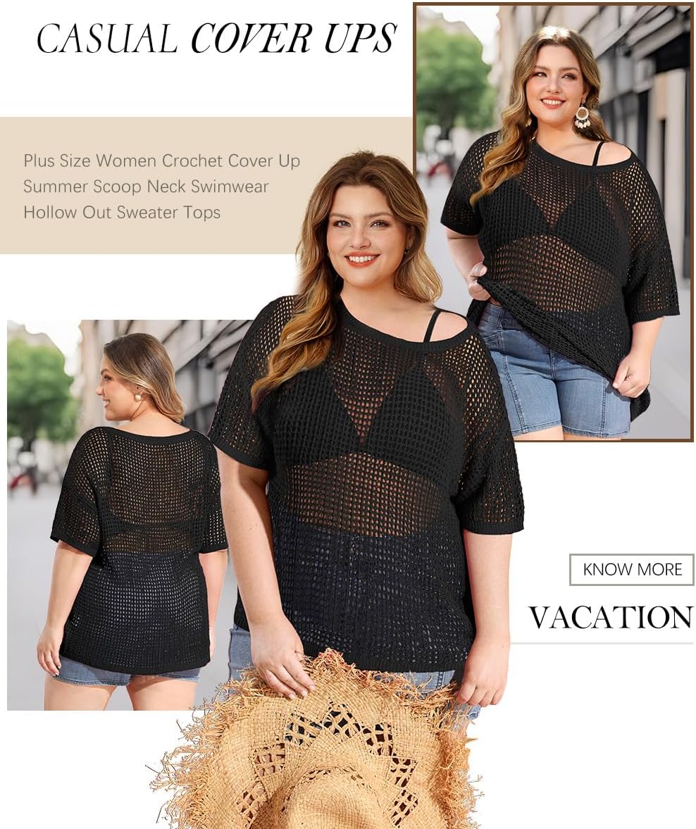 RITERA Plus Size Women Crochet Cover Up Summer Scoop Neck Swimwear Hollow Out Sweater Tops Vacation Beach Shirts XL-5XL - Image 4