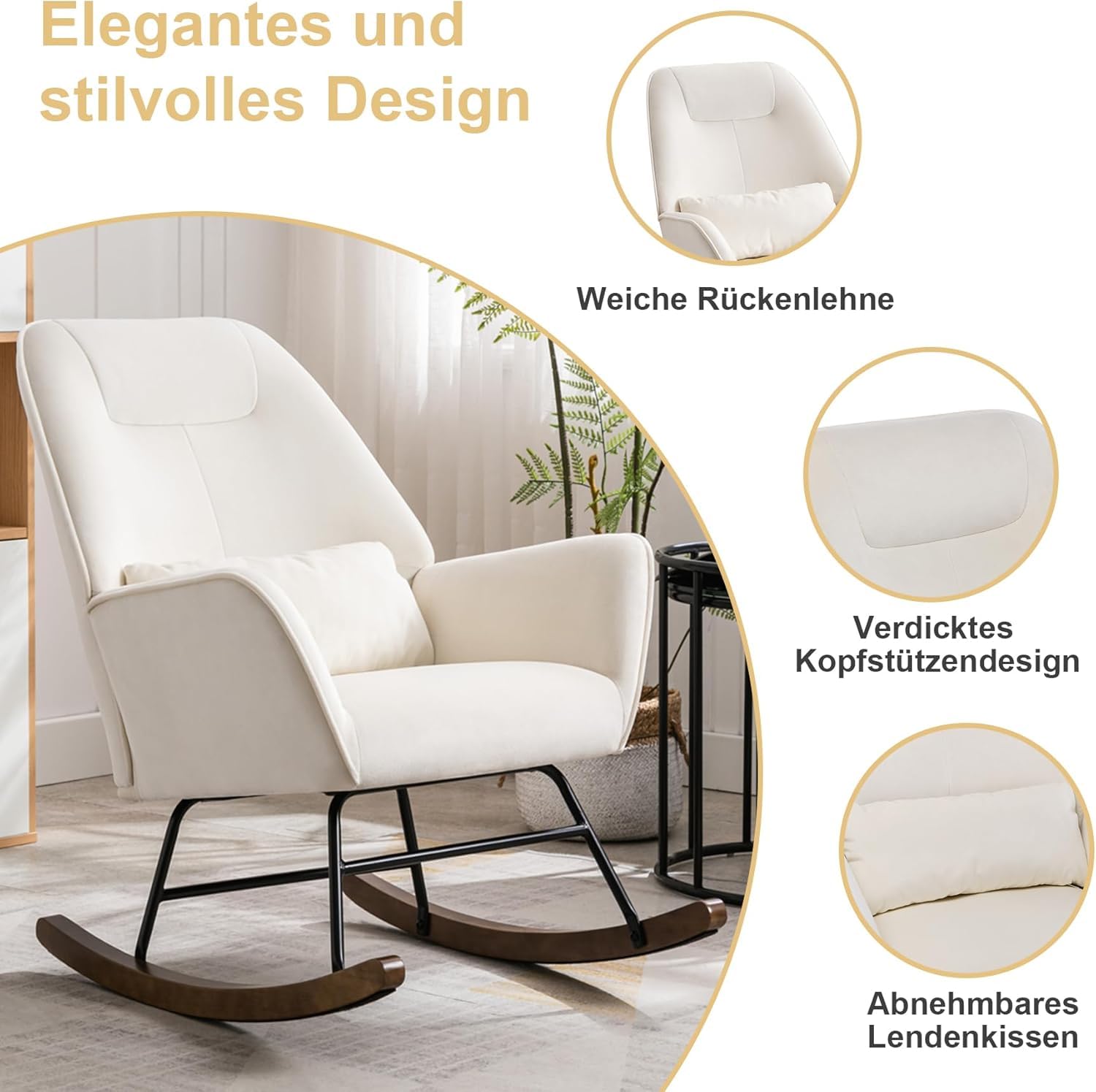 Schaukelstuhl Schaukelsessel Samt Sessel Wohnzimmer mit verdickte Kopfstütze und Holzsockel Moderne Polstersessel Relaxstuhl für Schlafzimmer Kinderzimmer Hotel Beige