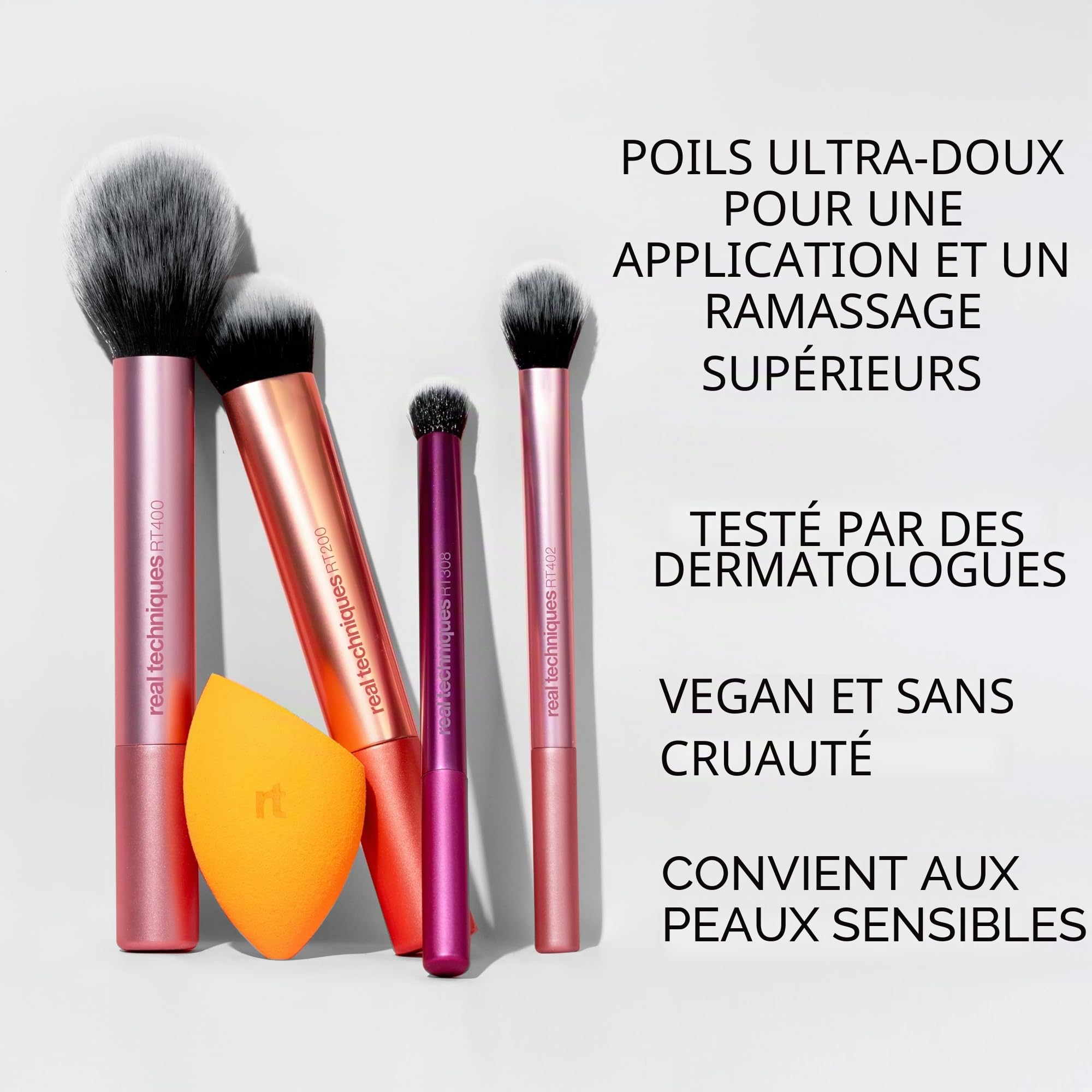 Real Techniques Kit Everyday Essentials, 6 pièces, 4 pinceaux maquillage + 2 éponges teint, application fond de teint, fard à joues, estompage précis, finition naturelle