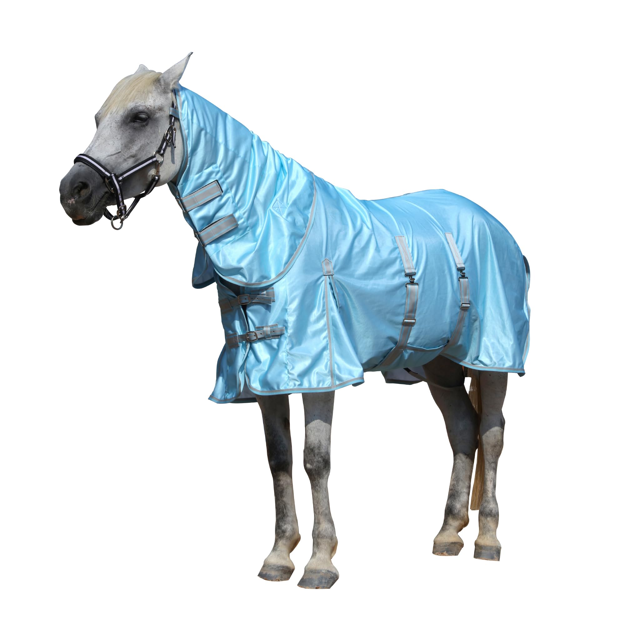 Gallopoff Horse Fly Rug – Lightweight UV Protection Mesh Fly Sheet with Belly Wrap, Tail Flap & Detachable Neck Cover Light Blue, 6'9"