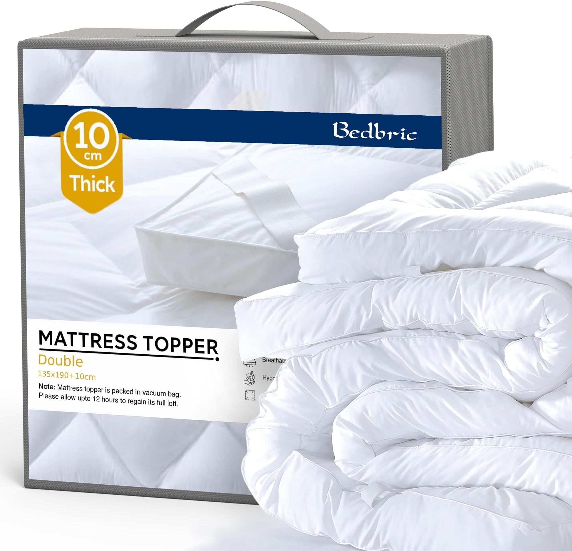 Thick Mattress Topper Double Bed - 4 Inch, Hypoallergenic Quilted Microfiber, Ultra-Comfortable Double Mattress Topper with Non-Slip Elastic Straps, 100% Organic Filling - 135x190x10 cm