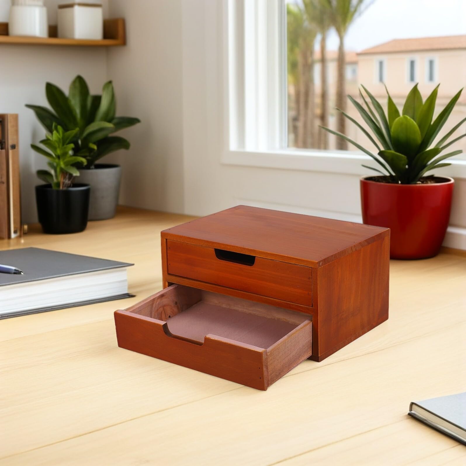 Schreibtisch Organizer mit 2 Schubladen, Braun, Vintage | Doppellagige Ausführung, Kompakte Aufbewahrungseinheit für Büro und Bastelzubehör, Rustikale Optik