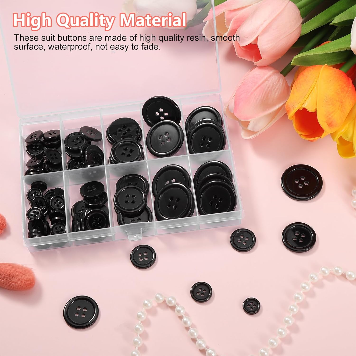 100 PCS Round Black Buttons Set with Storage Box Resin 4-Hole 5 Sizes Mixed Craft Sewing Buttons for Crafting Sewing Replacement Knitting DIY Decoration