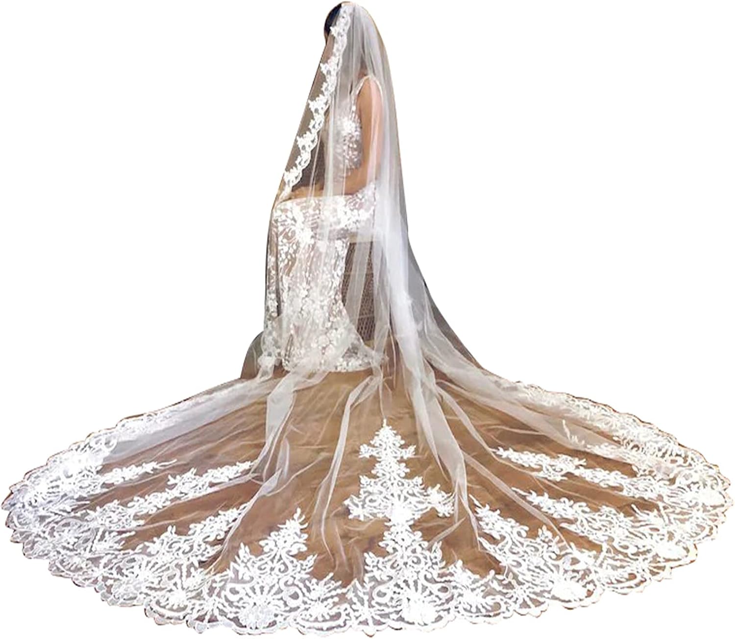 Lace Wedding Veils 1 Tier Cathedral Floral Appliques Bridal Accessory with Comb