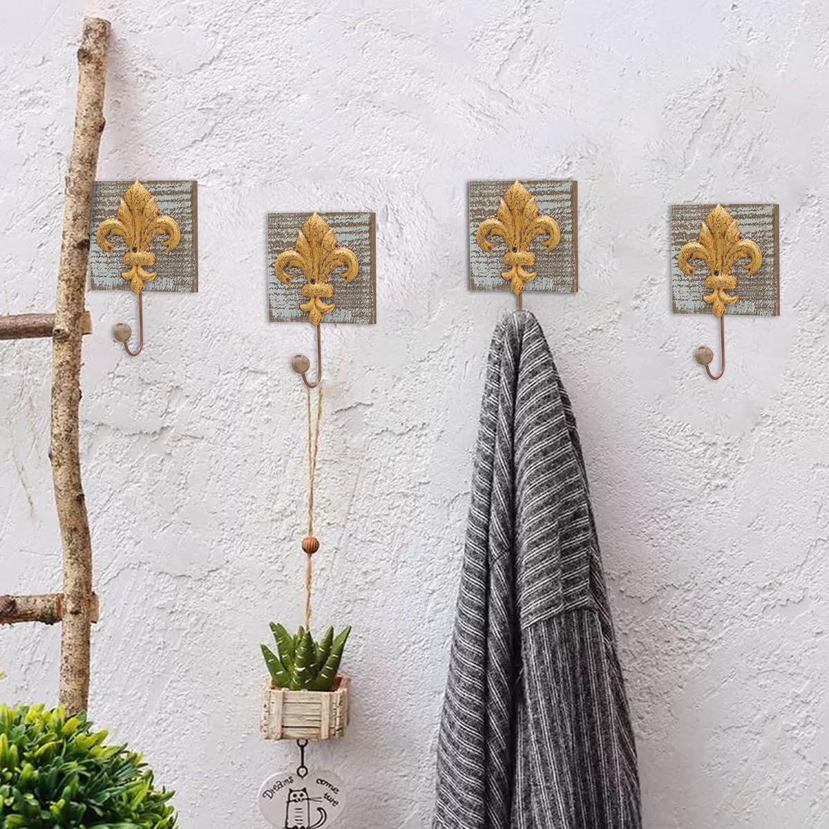 Toallero 4 Piezas Ganchos de Pared Ganchos para Abrigos Lirio Rústico Ganchos para Abrigos de Hierro de Madera Ganchos para Toallas de Casa de Campo Decoración de Pared Shabby Chic Ganchos