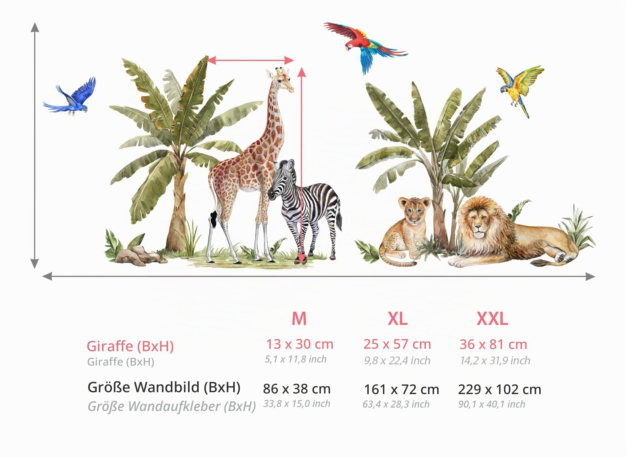 Grandora Dschungeltiere Wandsticker Safari Zebra Giraffe Löwe Wandtattoo für Kinderzimmer Wandaufkleber Tropische Bäume Babyzimmer Deko DL842-5