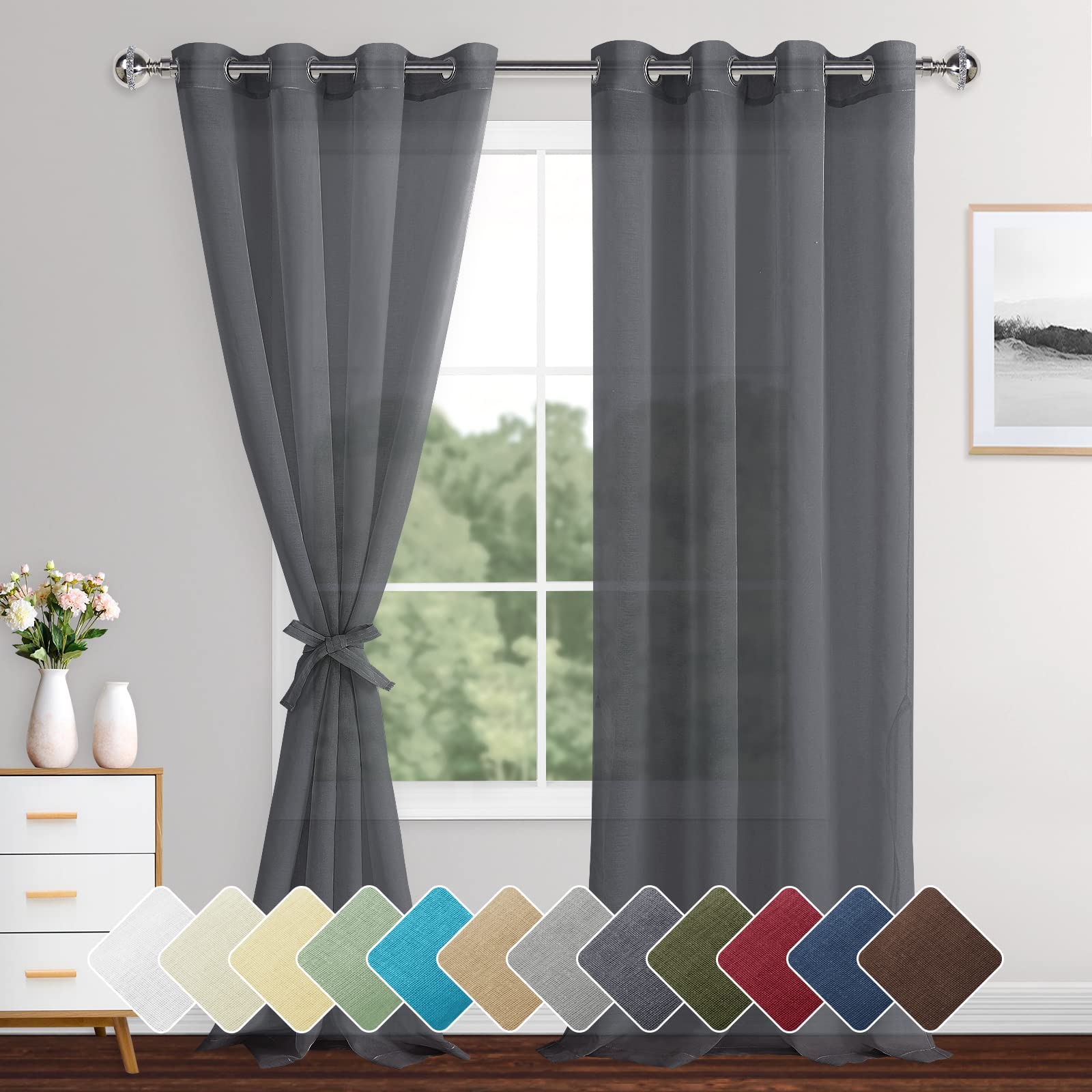 XWZO Dark Grey Sheer Curtains 96 inches Long, Voile Light Filtering Curtains for Living Room, Semi Sheer Dark Grey Curtain Grommet Top Drapes Window Curtains 2 Panel Set