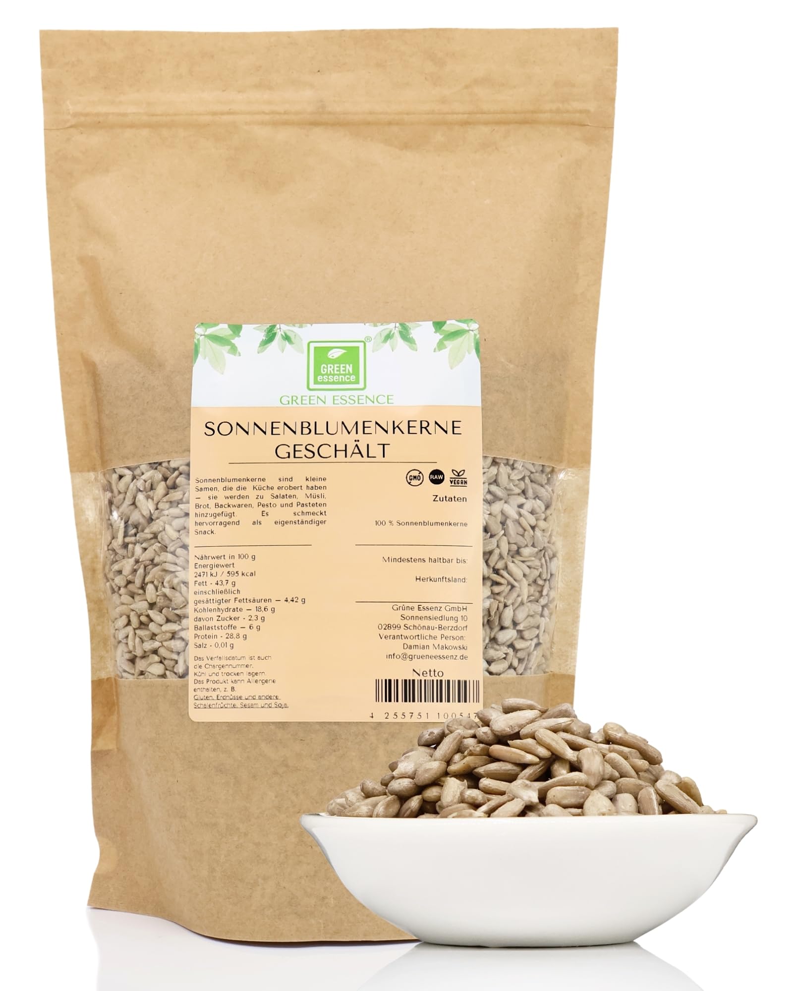 Sonnenblumenkerne 1Kg von der Grünen Essenz - geschält - ungesalzen - schalenfrei - zum Kochen oder Backen Premium Qualität essbare Sonnenblumenkerne schmackhaft und groß (1 KG)