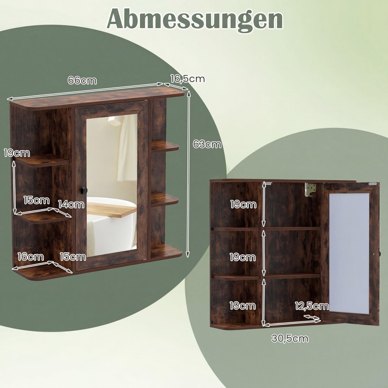 COSTWAY Spiegelschrank Bad, Badezimmerschrank mit Spiegel, Badschrank mit 3 Innenablagen & 6 offenen Fächern, Einbau- oder Aufputz-Wandschrank mit Einzeltür, 66 x 16,5 x 63 cm (Rustikales Braun)