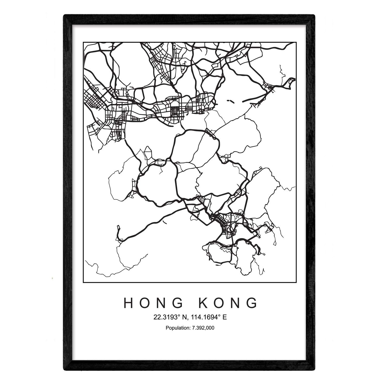 Nacnic Nordic Style Black and White Hong Kong City Map Print. A4 size poster framed with black frame printed paper 250 gm. Pictures, Films and Posters for Living Room and Bedroom — image 1