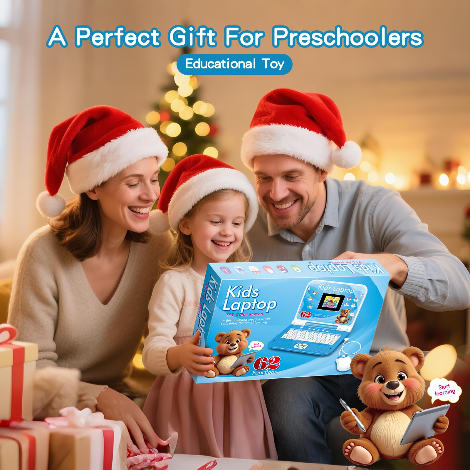 Computer educativo per bambini, colore blu, display a colori, mouse per imparare l'inglese, 62 attività, giochi di matematica, regalo educativo per ragazze dai 5 anni in su