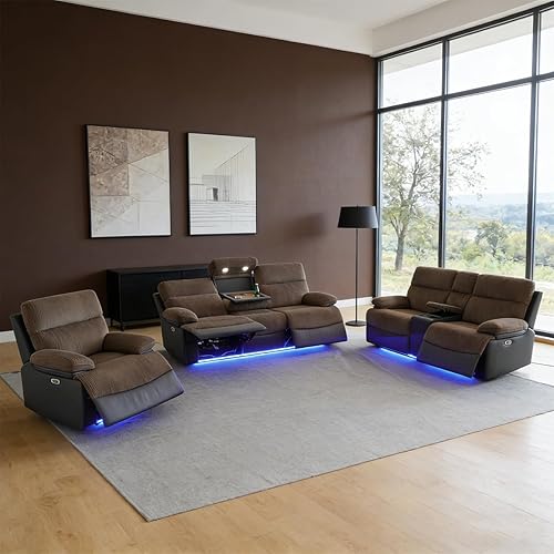 Miniatura 20 de Juego de sofá reclinable eléctrico para sala de estar, juego de sofá reclinable de cuero con luces LED, puertos USB, almacenamiento oculto, juego de