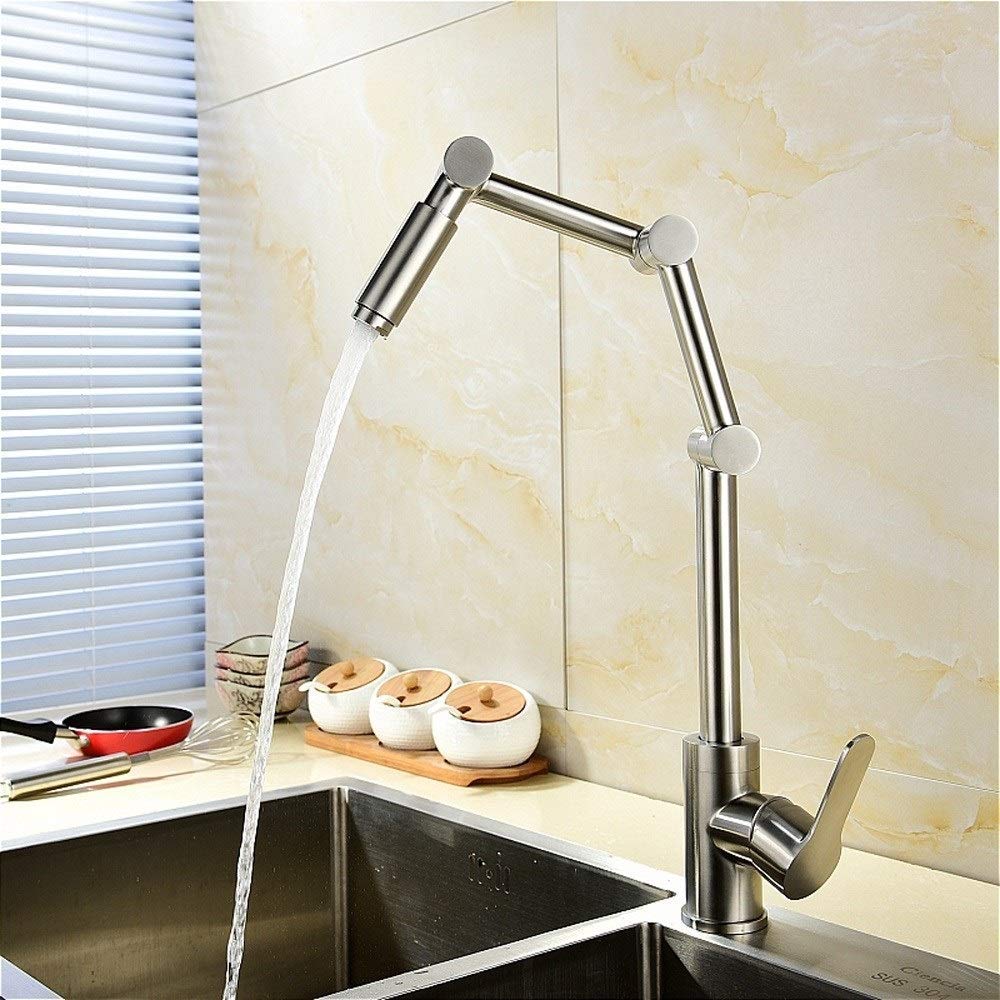 Grifo de Cocina articulado de Acero Inoxidable 304 sin Plomo - Agua fría y Caliente, diseño telescópico de Doble Pliegue con rotación de 360°, Acabado Cepillado contemporáneo.