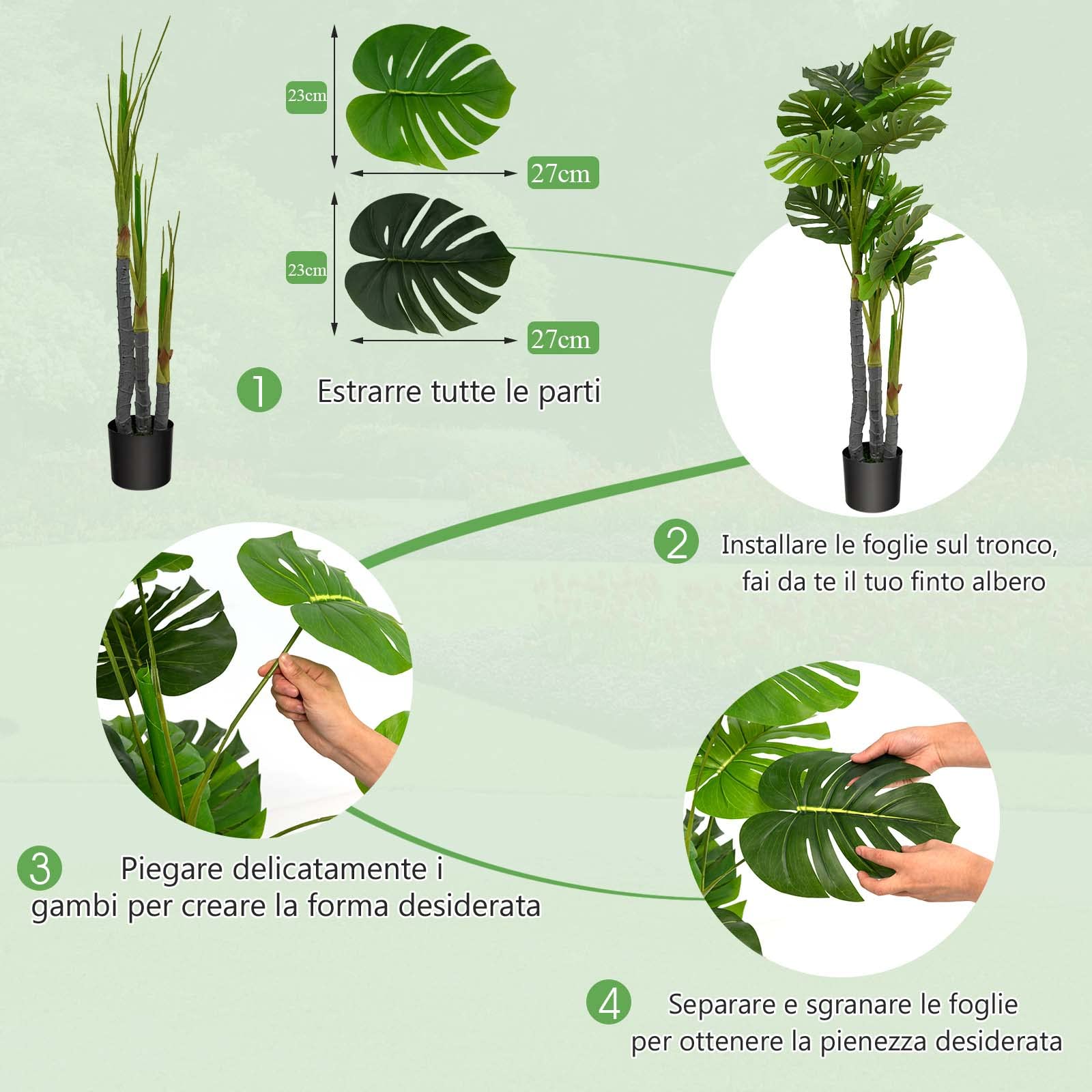 COSTWAY Pianta Finta 120 cm, Albero di Filodendro Artificiale con Foglie in Plastica PE, 3 Rami e 20 Foglie e Supporto in Cemento, Ideale per Casa, Ufficio e Negozio