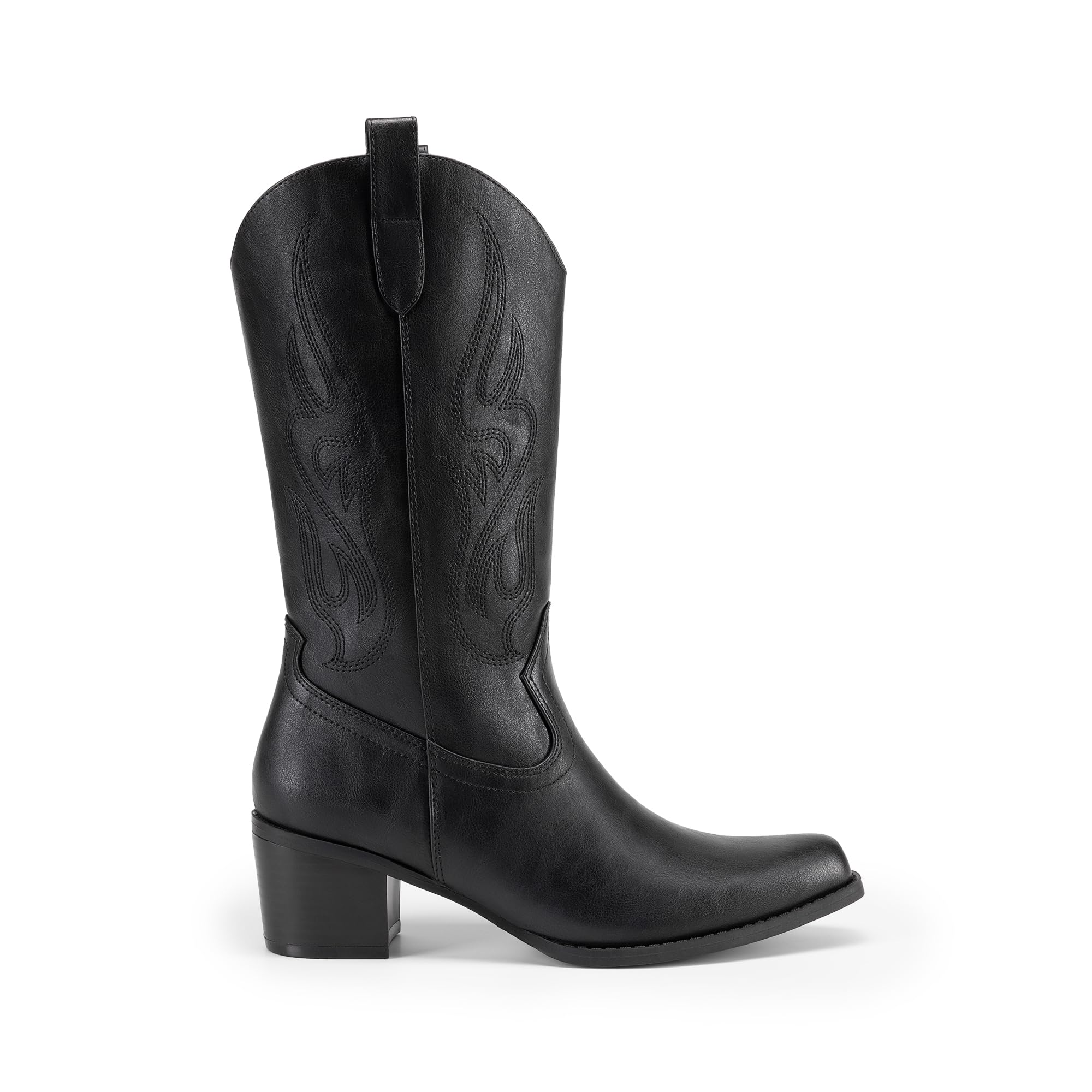 DREAM PAIRS Stivali da cowboy da donna con punta quadrata, stivali da cowgirl ricamati a metà polpaccio, stivali alla moda con tacco basso e grosso, per feste a tema, concerti in campagna