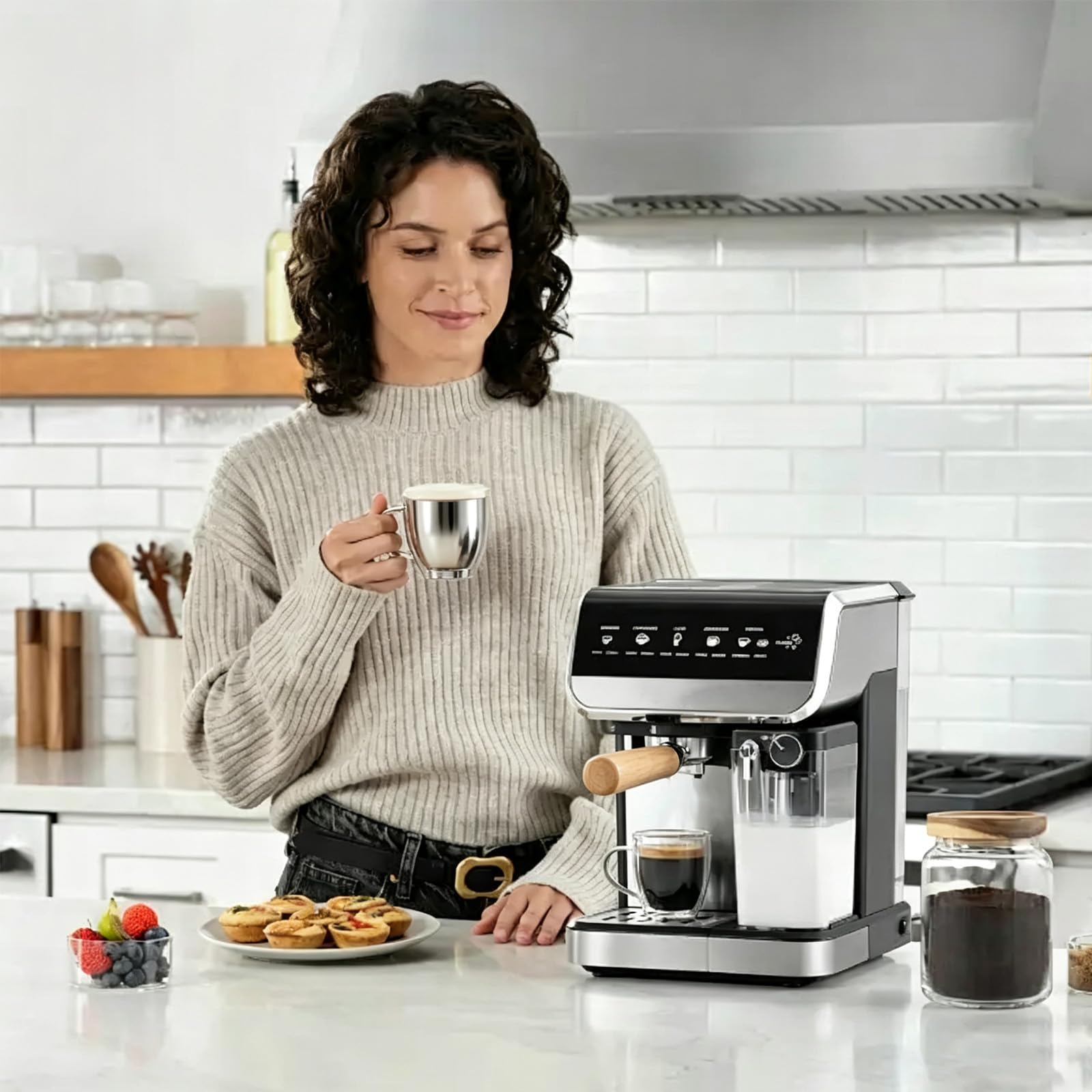 Espresso - Filtro portafiltro de doble caño (3 orejas, mango ergonómico de madera premium, incluye cesta sin presión, portafiltro de 51 mm, para DeLonghi Dedica EC680 EC685 y Smeg)