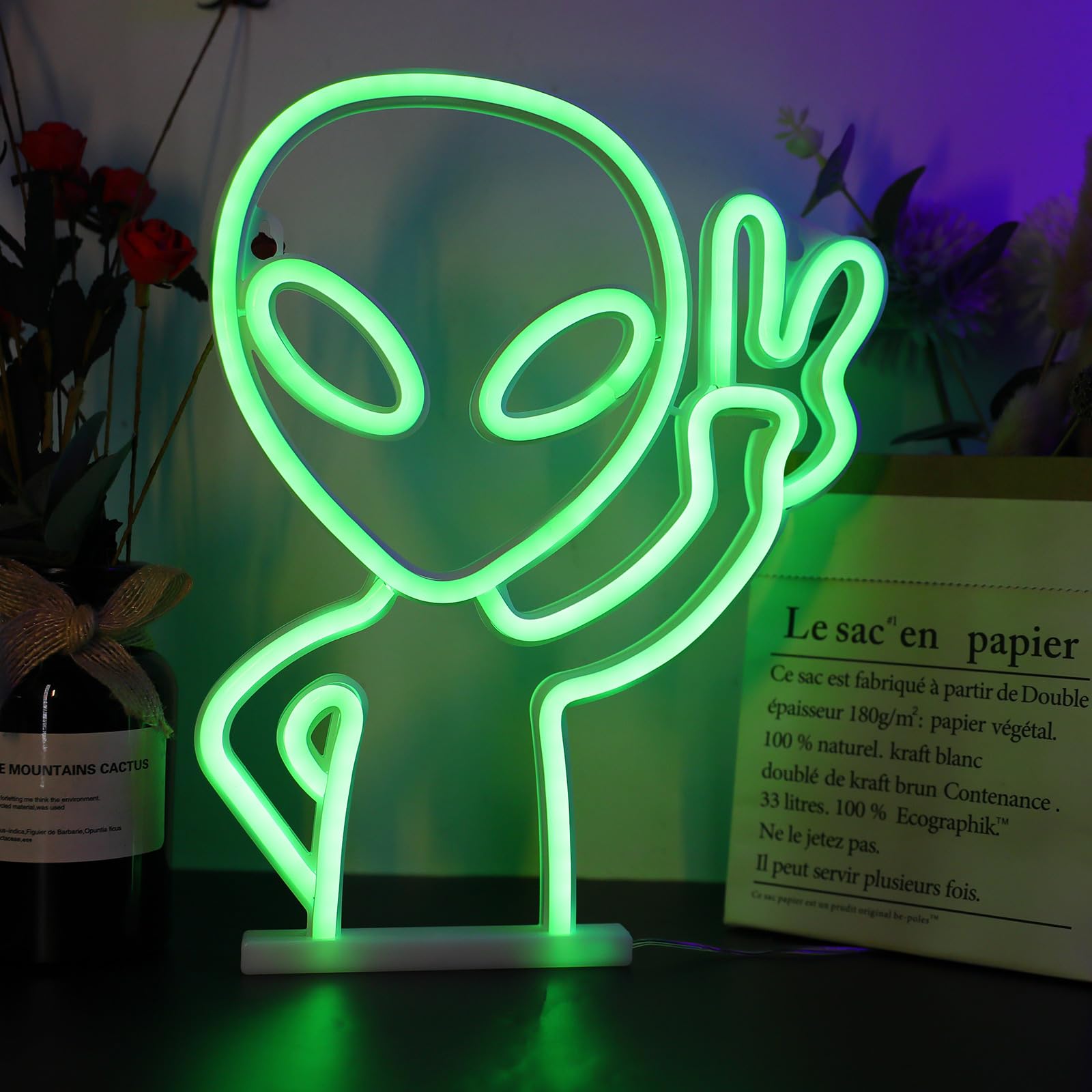 ENUOLI Alien Neon Sign,USB Powered Neon Light Signs for Wall Decor Game Room Decor Hip Hop Party LED Alien Sign for Teen Bedroom Home Wall Party Light (Green) - Image 3